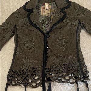 Chic Olive Lace Blazer with Scalloped Lacy Hem